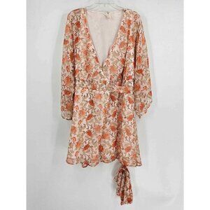 PPLA Womens Cream Floral Print Bell Sleeve Wrap & Tie Lined Midi Dress Sz XS